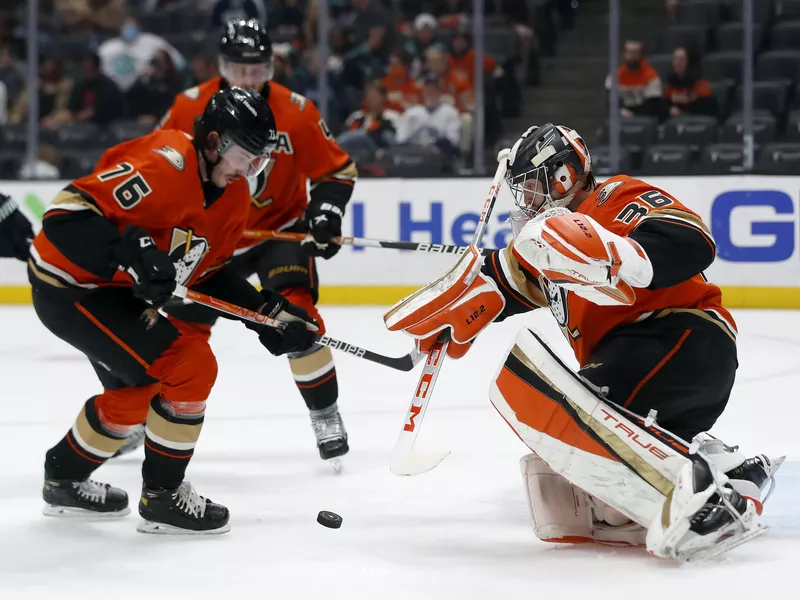 Anaheim Ducks goaltender John Gibson defends the puck