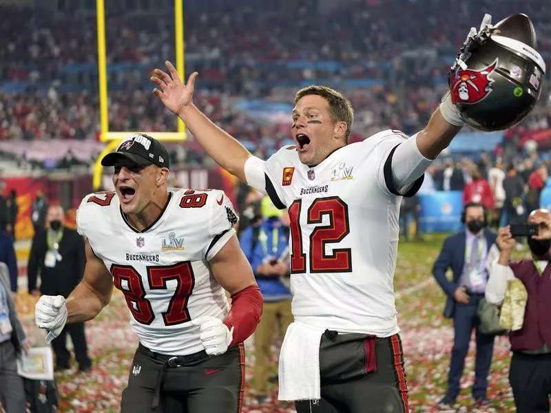 Rob Gronkowski and Tom Brady celebrate together after the NFL Super Bowl 55