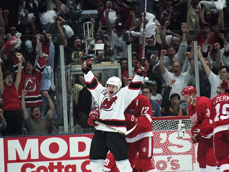 New Jersey Devils Claude Lemieux celebrates goal