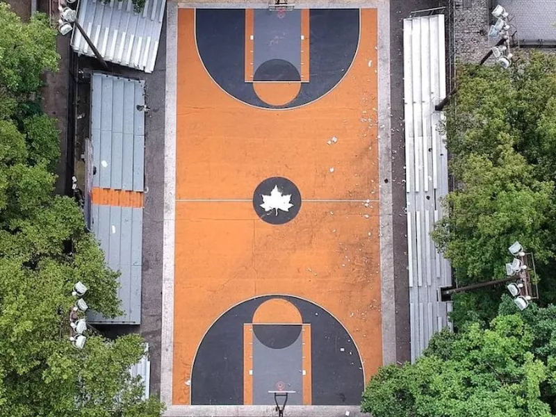 Aerial view of Rucker Park basketball courts