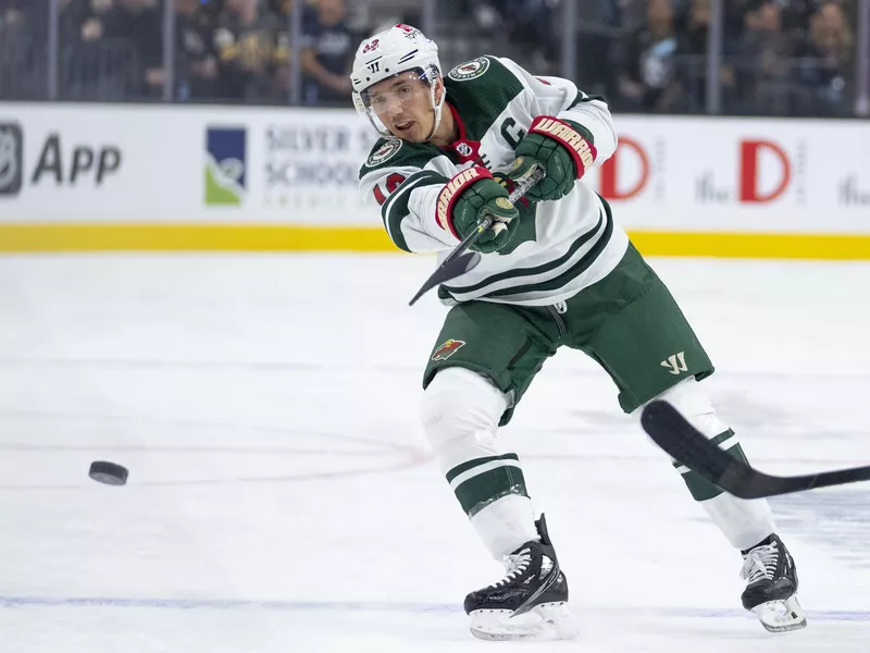 Minnesota Wild defenseman Jared Spurgeon shoots against Vegas Golden Knights