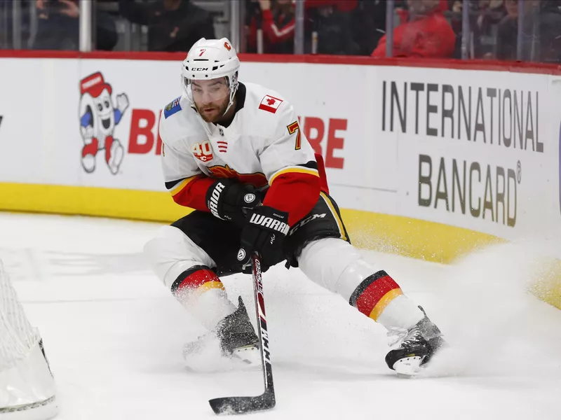 Calgary Flames defenseman TJ Brodie plays against Detroit Red Wings