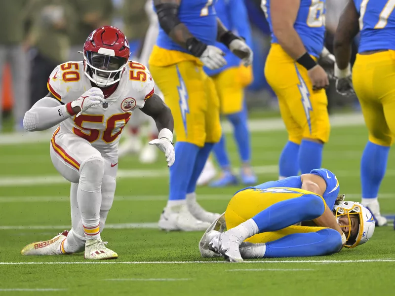 Kansas City Chiefs linebacker Willie Gay celebrates after sacking Justin Herbert