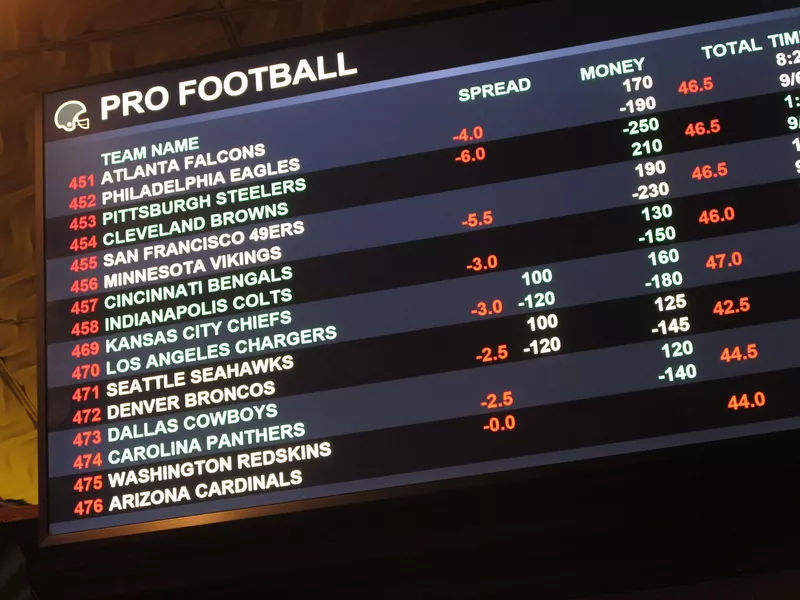 Board at Harrah's casino in Atlantic City, New Jersey, lists odds on NFL games