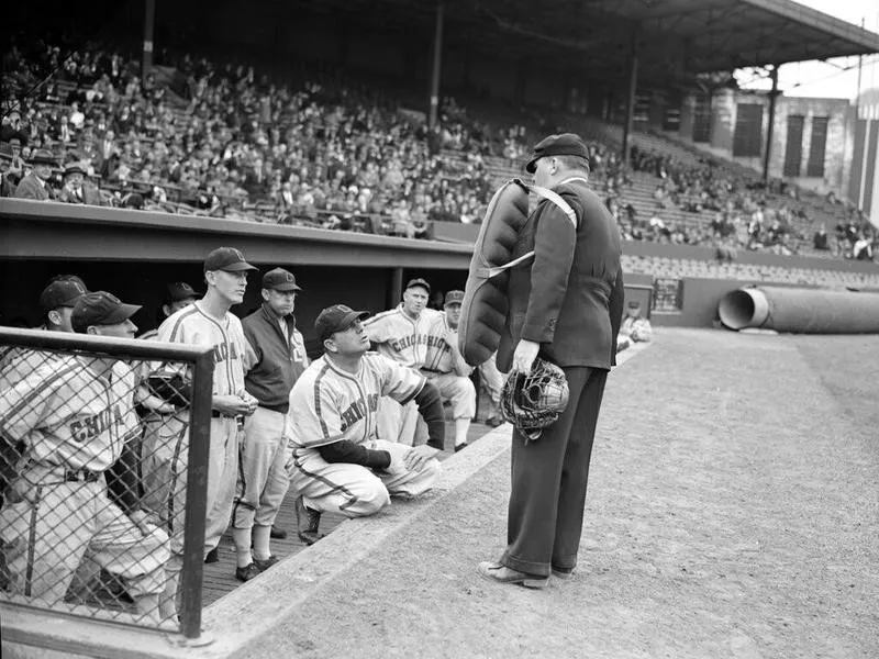 Umpire Bill Summers has a few words with Jimmy Dykes