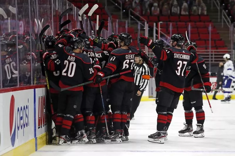 Carolina Hurricanes celebrate overtime goal by Martin Necas