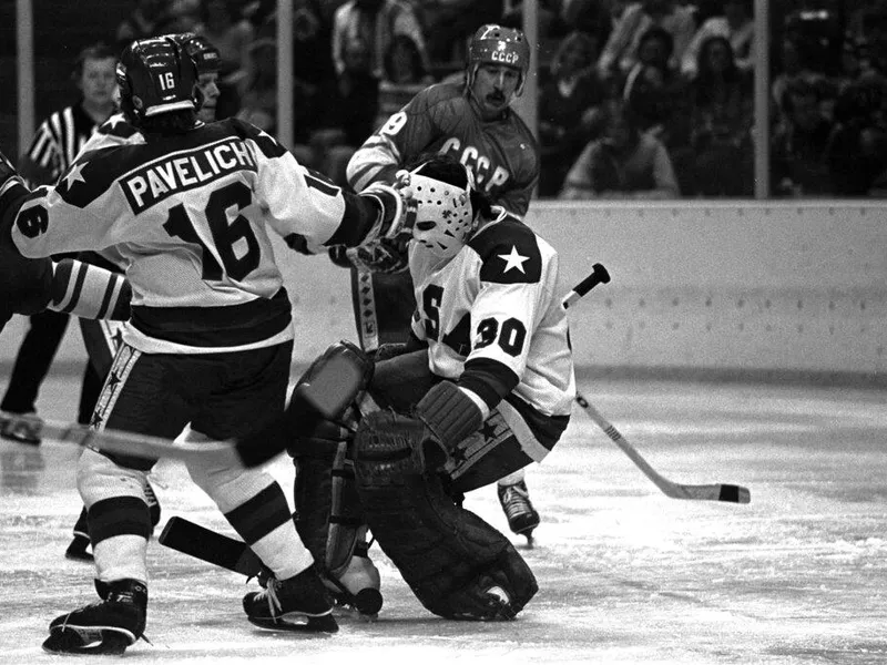 Jim Craig makes a save against the Soviet Union