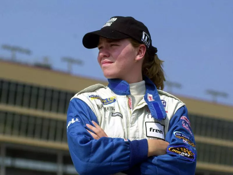 Indy Racing League rookie driver Sarah Fisher looks out