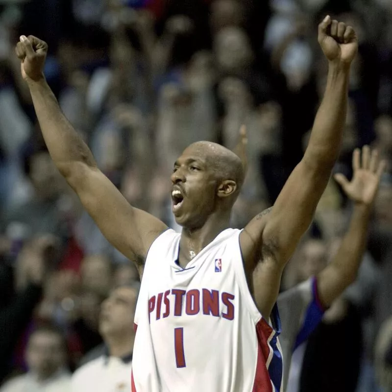 Detroit Pistons' Chauncey Billups celebrates