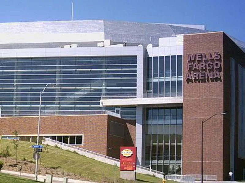 Outside the Wells Fargo Arena in Des Moines, Iowa