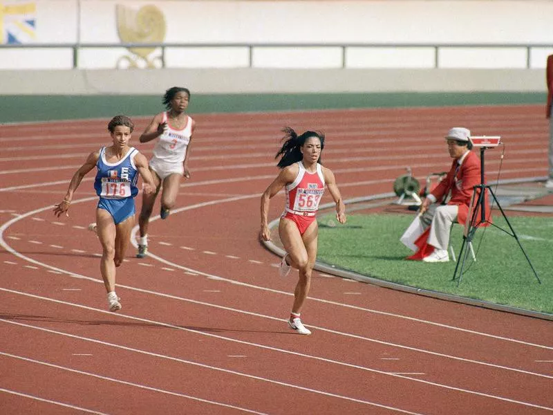 U.S sprinter Florence Griffith Joyner of Los Angeles leads