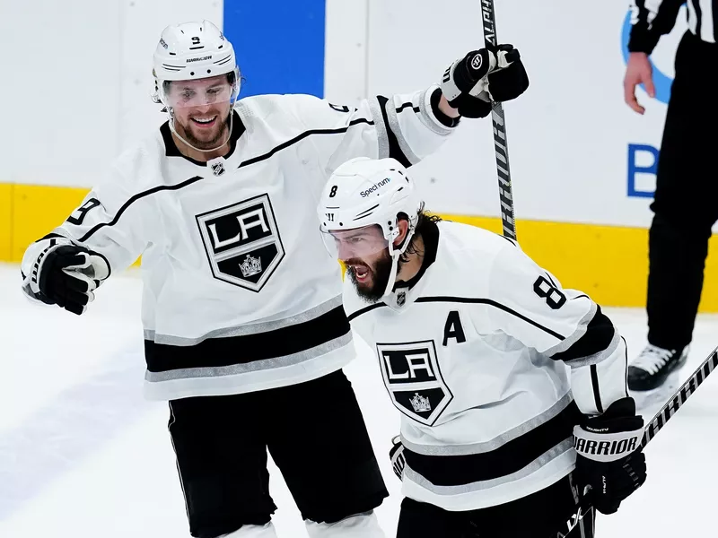 Los Angeles Kings defenseman Drew Doughty shouts as he celebrates his goal