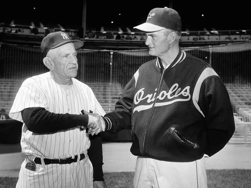 New York manager Casey Stengel and manager Paul Richards handshake