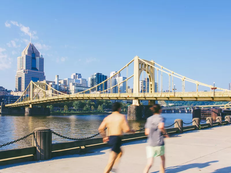 Runners in downtown Pittsburgh