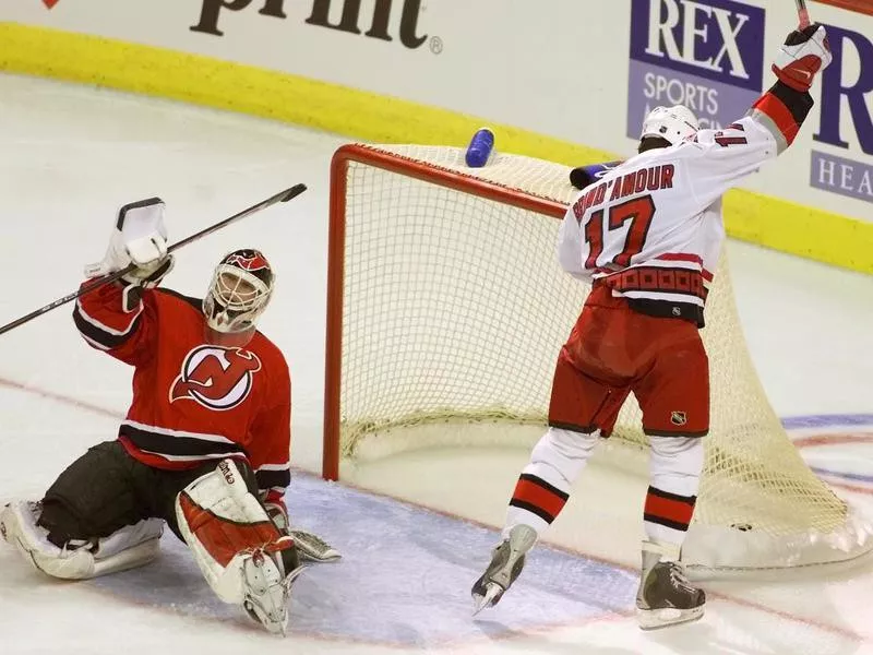 Carolina Hurricanes' Rod Brind'Amour celebrates his goal