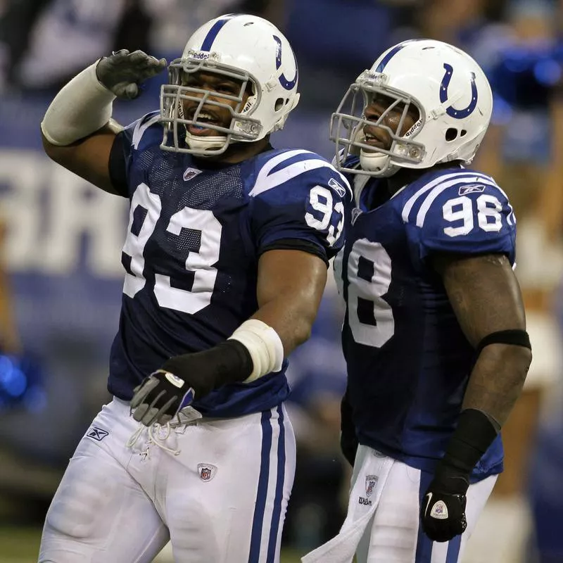 Dwight Freeney and Robert Mathis celebrate sack