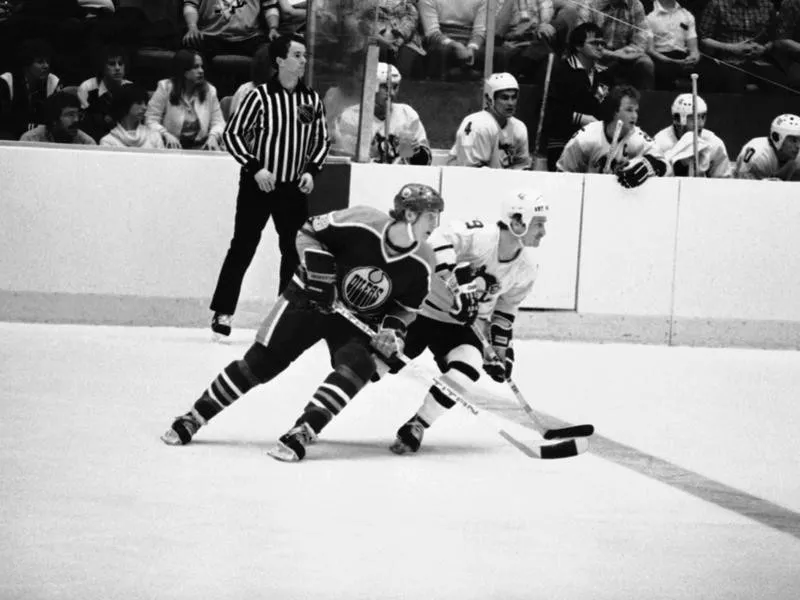 Wayne Gretzky passes Gregg Sheppard during first period