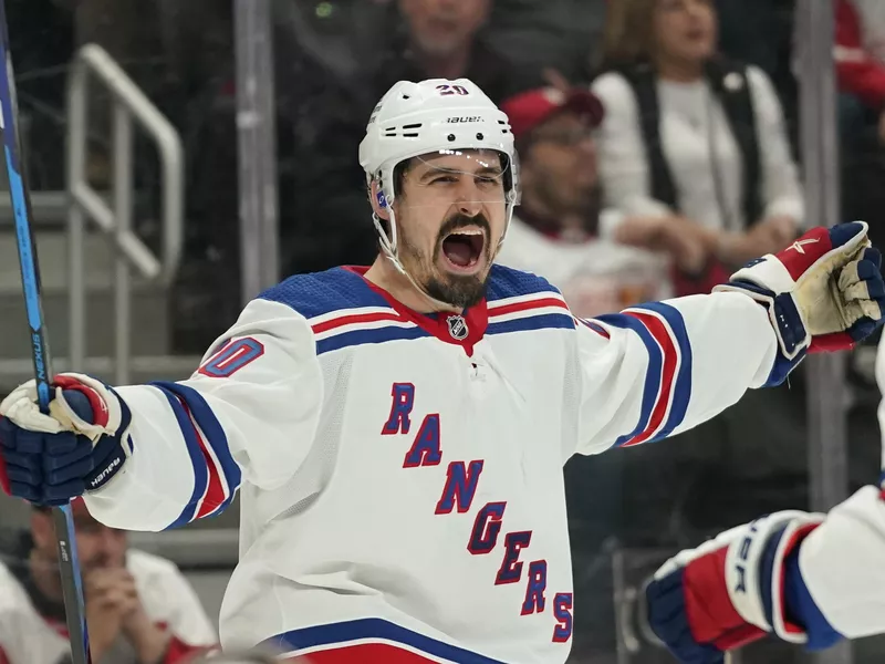 New York Rangers left wing Chris Kreider celebrates his goal against the Detroit Red Wings