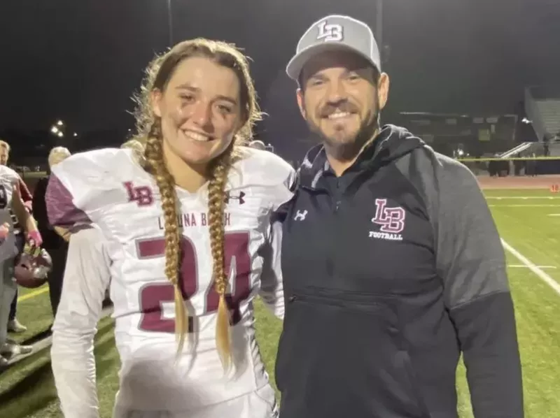 Bella Rasmussen with Laguna Beach High School running back coach Alex Hutch