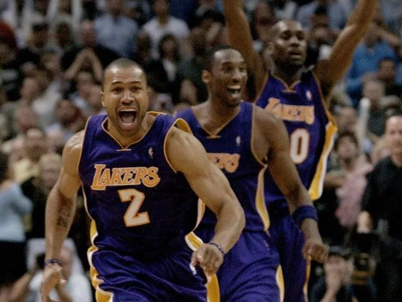 Derek Fisher, Kobe Bryant, and Gary Payton Celebrate