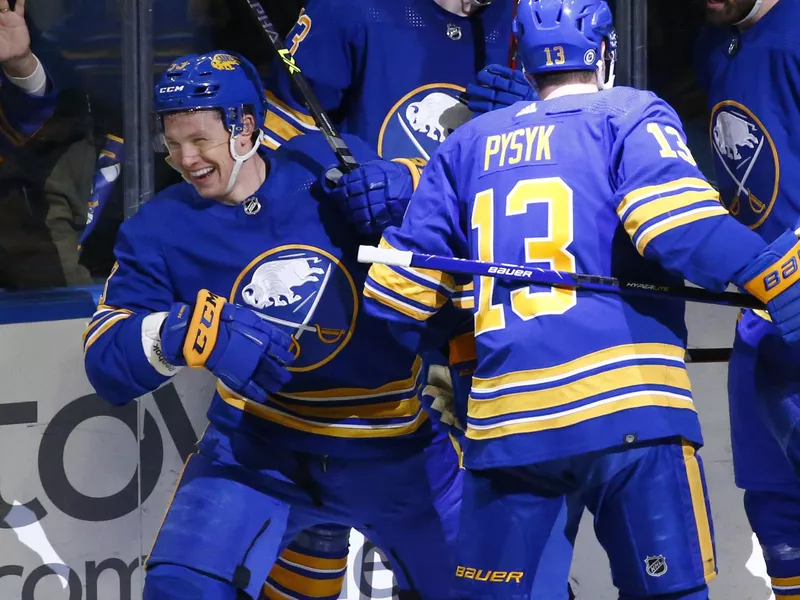 Buffalo Sabres left wing Jeff Skinner celebrates his goal