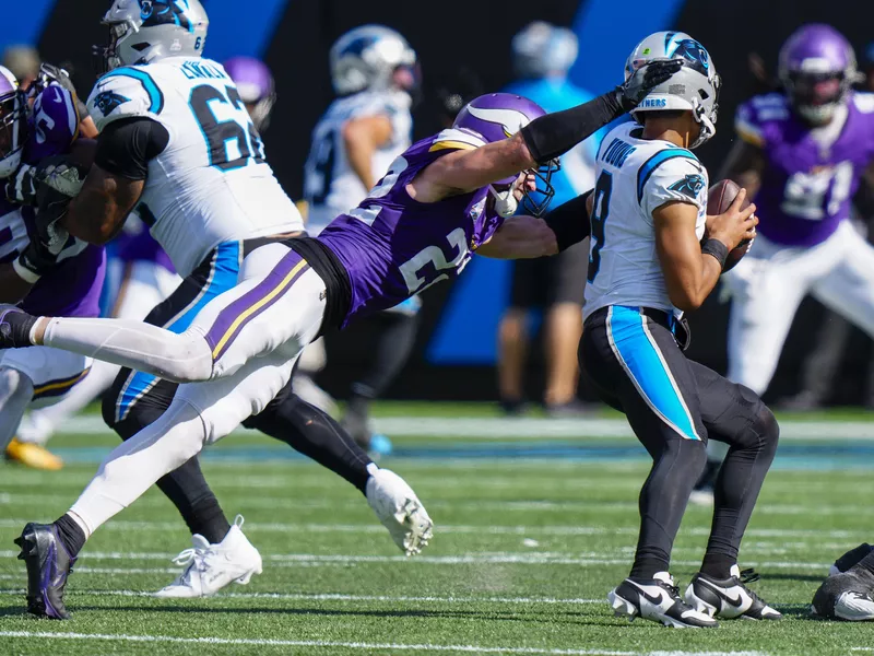 Minnesota Vikings safety Harrison Smith sacks Carolina Panthers quarterback Bryce Young