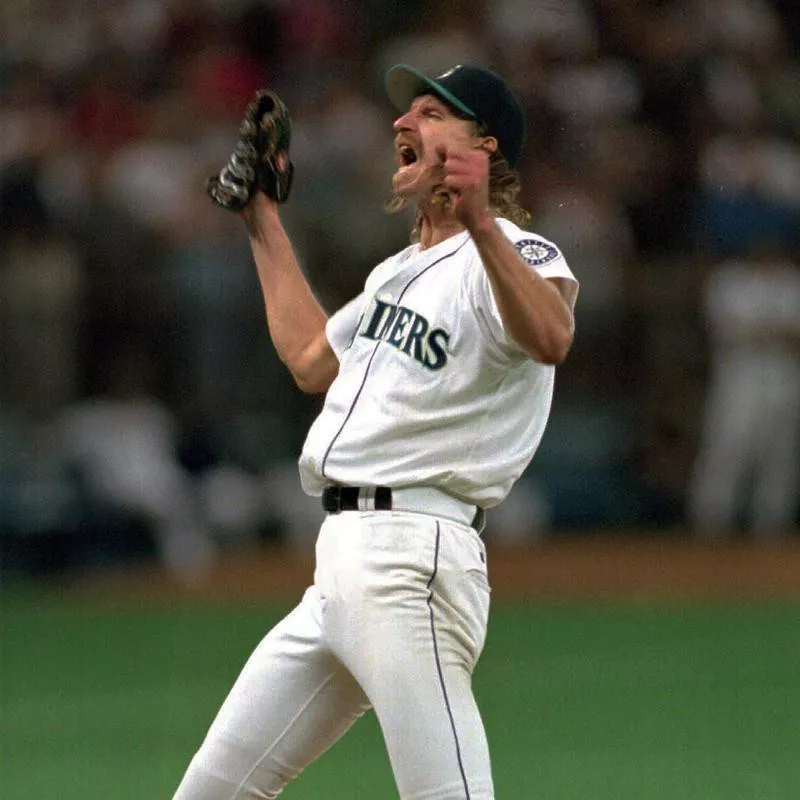 Seattle Mariners pitcher Randy Johnson celebrates