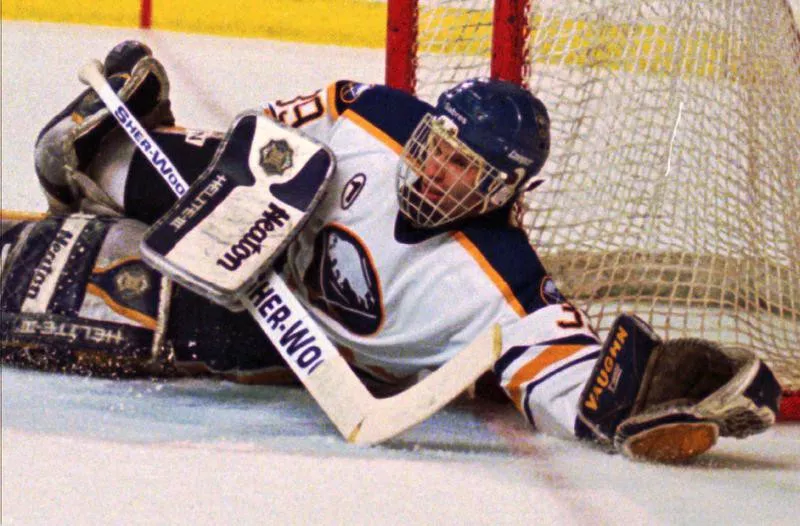 Dominik Hasek blocks shot against Pittsburgh Penguins