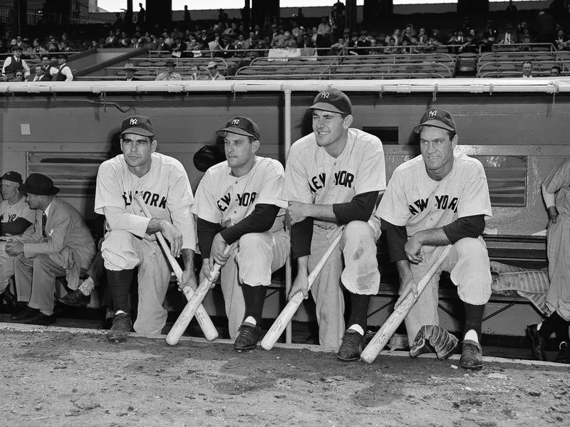 Charley Keller, Gene Woodling, Johnny Lindell, and Hank Bauer in dugout