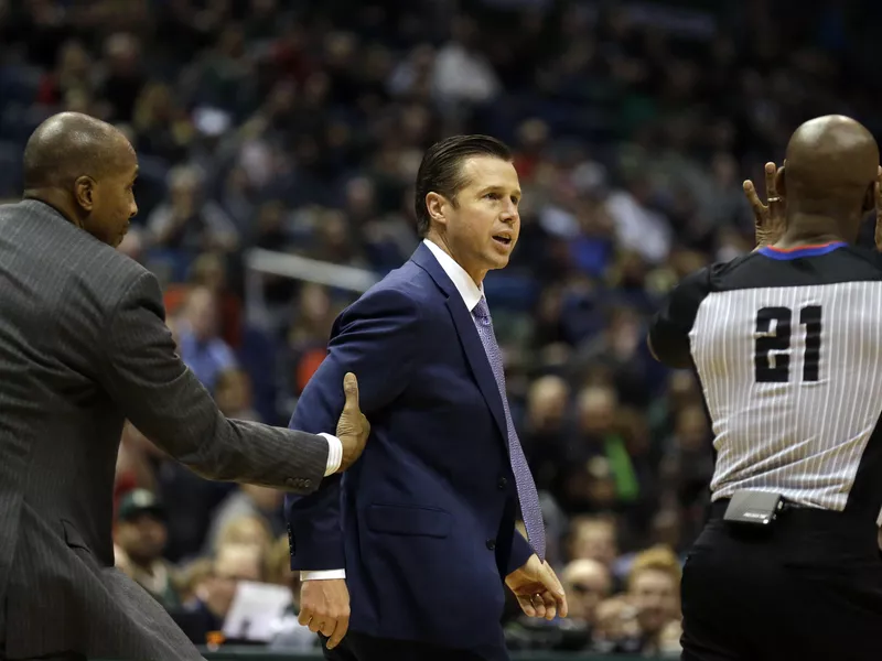 Sacramento Kings Head coach Dave Joerger argues a call