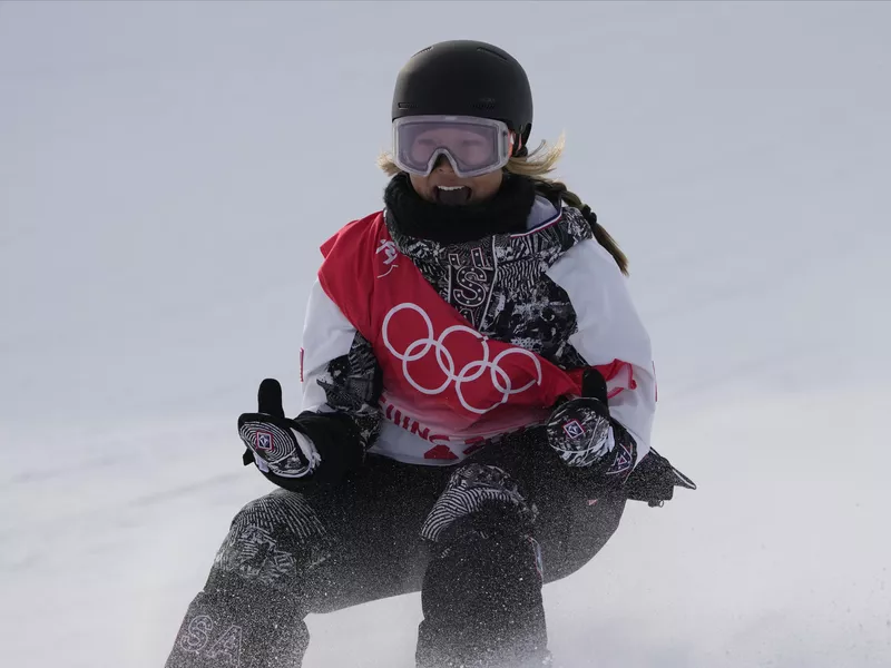 United States' Chloe Kim reacts during women's halfpipe finals in 2022 Winter Olympic Games