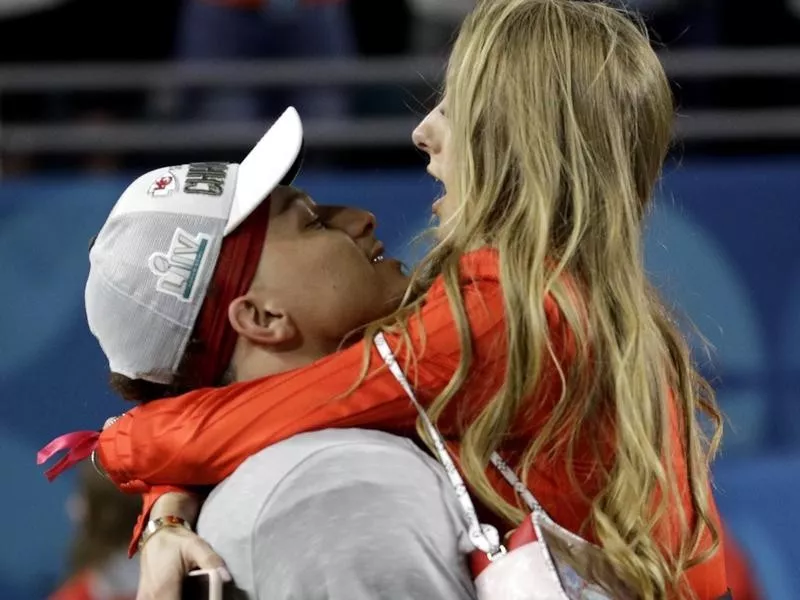 Patrick Mahomes and Brittany Matthews celebrate Super Bowl win