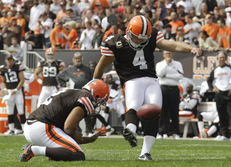 Cleveland Browns place kicker Phil Dawson kicks an extra point