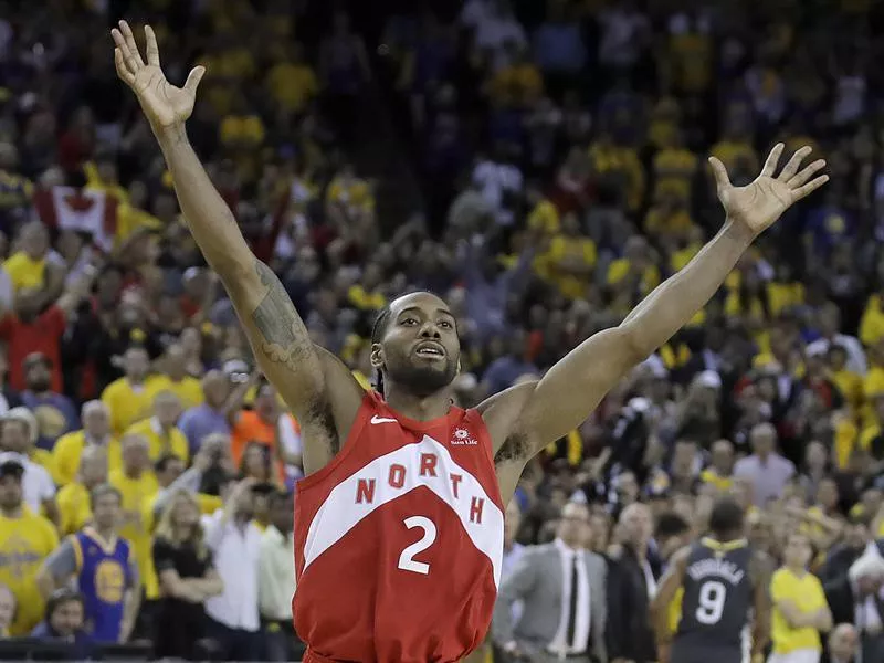 Toronto Raptors forward Kawhi Leonard celebrates