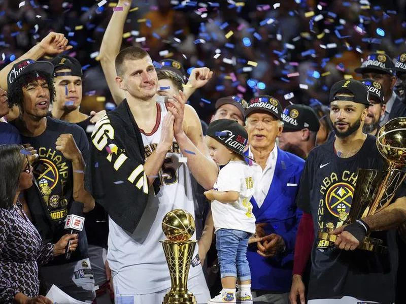 Denver Nuggets center Nikola Jokic celebrates