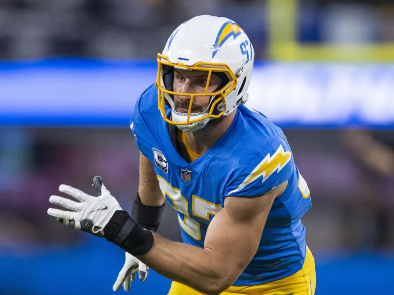 Joey Bosa runs during an NFL football game against the Las Vegas Raiders