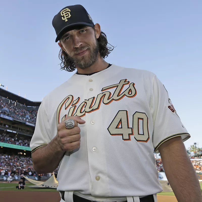 San Francisco Giants' Madison Bumgarner displays his 2014 World Series championship ring during ceremony