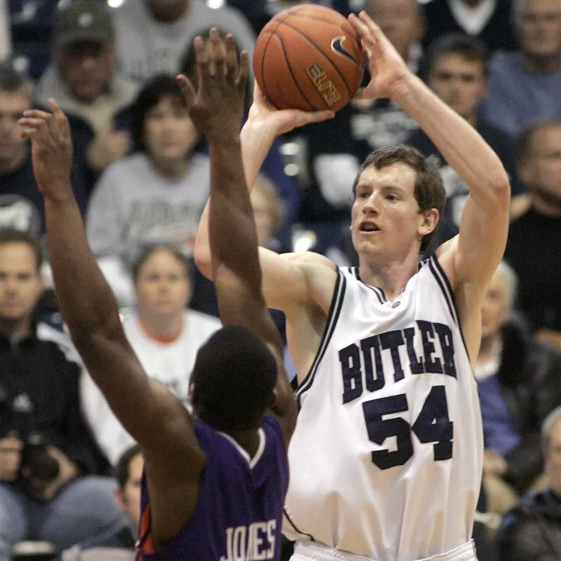 Butler's Matt Howard shoots over Evansville's Lewis Jones