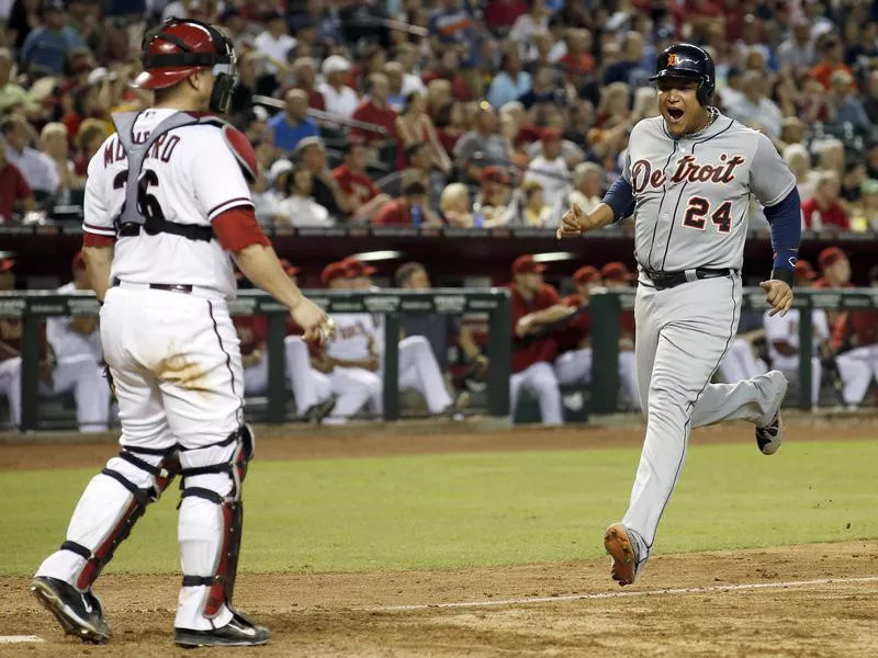 Detroit Tigers' Miguel Cabrera shouts in celebration