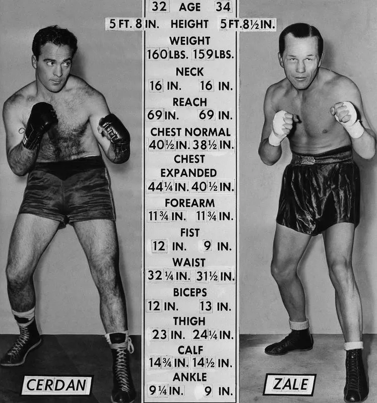 Tony Zale and Marcel Cerdan measuring up