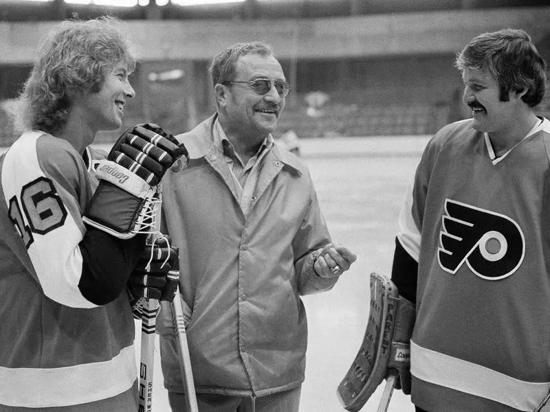 Fred Shero with Bobby Clarke and Bernie Parent