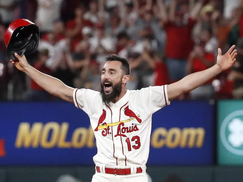 St. Louis Cardinals' Matt Carpenter celebrates after driving in winning run