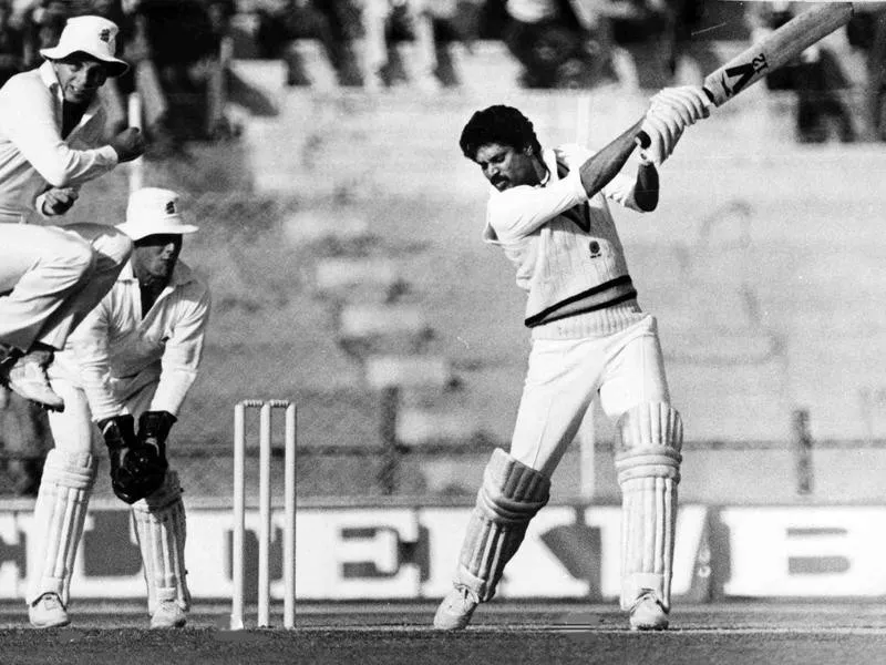 Kapil Dev hits the ball