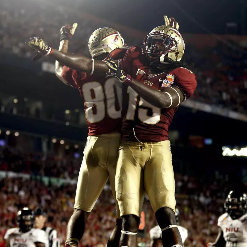 Florida State wide receivers Greg Dent and Rashad Greene celebrate