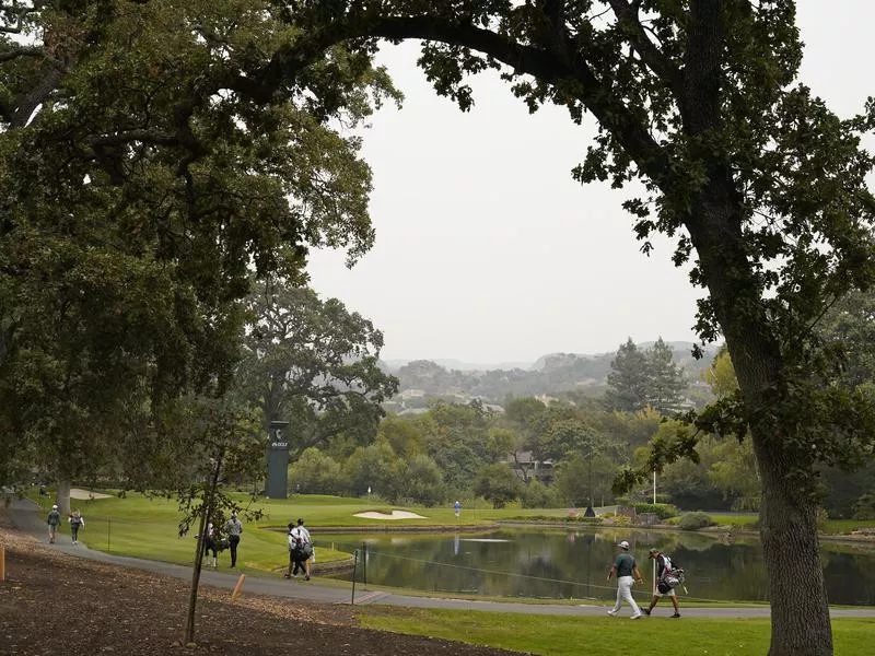 Tom Kim walks with his caddie to 11th green