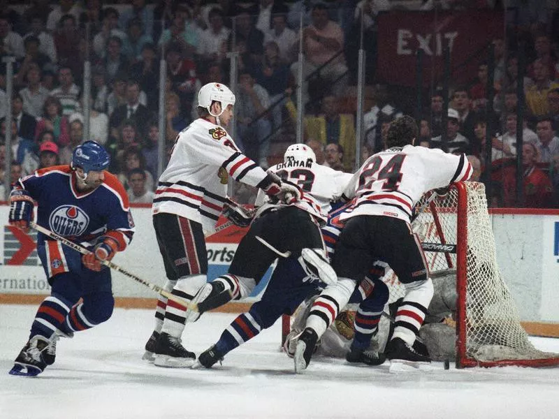 Chicago Blackhawk Dave Manson, left, Doug Wilson, Dirk Graham, Greg Millen