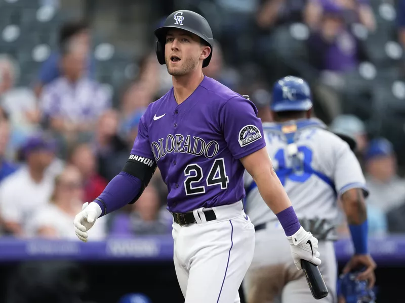 Colorado Rockies' Ryan McMahon reacts after striking out against Kansas City Royals