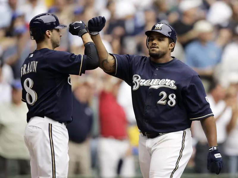 Milwaukee Brewers' Prince Fielder congratulated by Ryan Braun