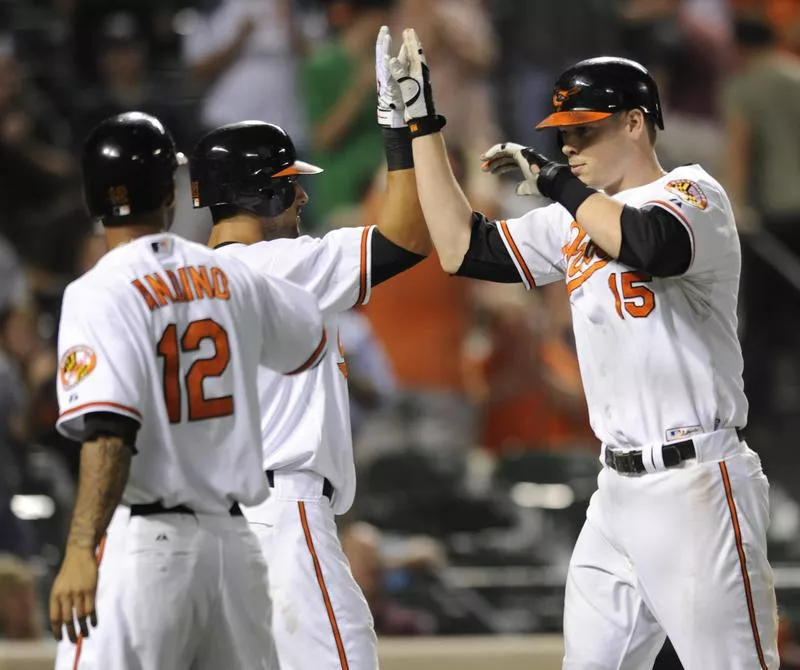 Matt Wieters gets congratulated by teammates