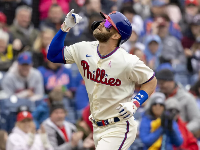 Philadelphia Phillies' Bryce Harper gestures